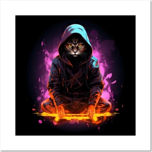 Red-Yellow Magenta Neon Fire Cat Ninja T-Shirt Posters and Art